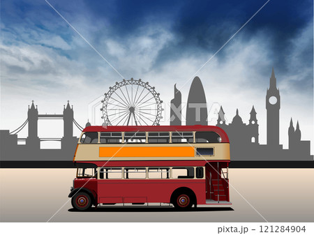 Red double decker bus is driving through london with the city skyline in the background 121284904
