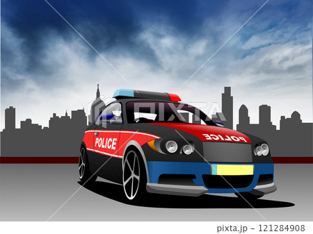 Police car is parked on a city street with a dramatic sky and the london skyline in the background 121284908