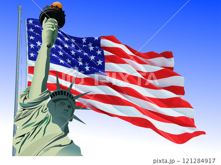 The statue of liberty holding her torch high in the air with the american flag waving in the background The statue of liberty holding her torch high in the air with the american flag waving in the background 121284917