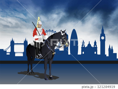 British horse guard on horseback is standing in front of a blue silhouette of the london skyline British horse guard on horseback is standing in front of a blue silhouette of the london skyline 121284919