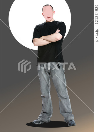 Young man wearing casual clothing is standing with his arms folded against a grey background with a white circle Young man wearing casual clothing is standing with his arms folded against a grey background with a white circle 121284929