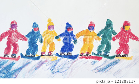 スノーボードをする子供たち AI画像のイラスト素材 [121285117