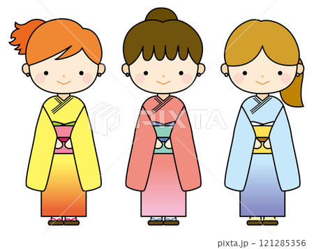 色違いの着物姿をした三人の女の子イラスト、線あり 121285356
