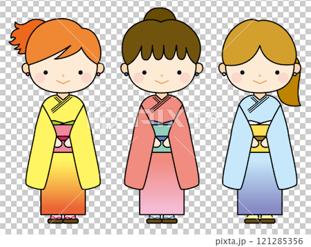 色違いの着物姿をした三人の女の子イラスト、線あり 121285356