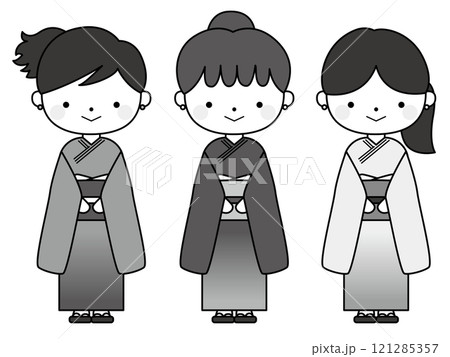 色違いの着物姿をした三人の女の子イラスト、モノクロ 121285357