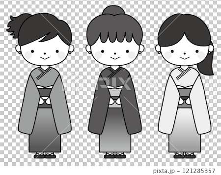 色違いの着物姿をした三人の女の子イラスト、モノクロ 121285357