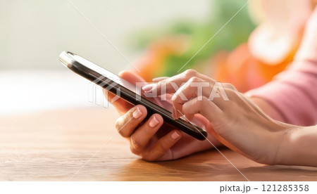 《AI画像》スマートフォンを操作する手元 121285358