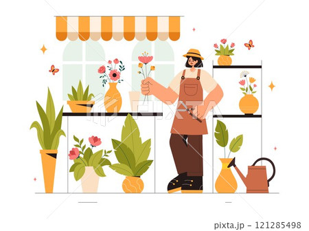 Professional Florist Working Vector Illustration featuring a Flower Store Creating Beautiful Gift Bouquets and Floral Trade in a Flat Style Background 121285498