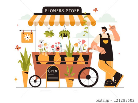 Professional Florist Working Vector Illustration featuring a Flower Store Creating Beautiful Gift Bouquets and Floral Trade in a Flat Style Background Professional Florist Working Vector Illustration featuring a Flower Store Creating Beautiful Gift Bouquets and Floral Trade in a Flat Style Background 121285502