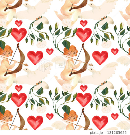 Seamless pattern with cupids, white doves, roses and hearts. Watercolor illustration. Wrapping paper for wedding and Valentine's Day. Vintage style. Seamless pattern with cupids, white doves, roses and hearts. Watercolor illustration. Wrapping paper for wedding and Valentine's Day. Vintage style. 121285623