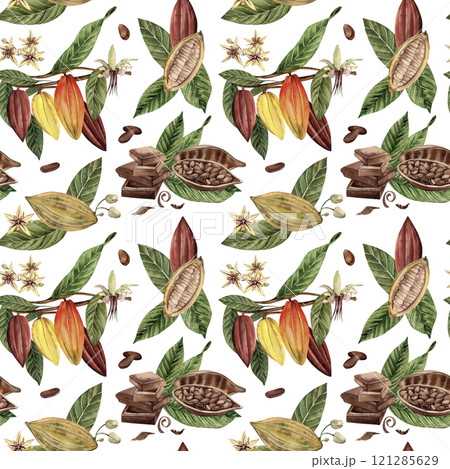 Seamless pattern with fruits, flowers, leaves, flowers of the cocoa tree. The illustration of a tropical plant is hand-painted in watercolor in a botanical style. For fabric, packaging, wallpaper 121285629