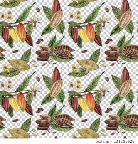 Seamless pattern with fruits, flowers, leaves, flowers of the cocoa tree. The illustration of a tropical plant is hand-painted in watercolor in a botanical style. For fabric, packaging, wallpaper 121285629