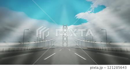 淡路島に架かる明石海峡大橋と燦々と降り注ぐ光と青空のイラスト調パノラマ映像 淡路島に架かる明石海峡大橋と燦々と降り注ぐ光と青空のイラスト調パノラマ映像 121285643
