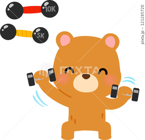 ダンベルを持って筋トレするクマのキャラクター 121285720