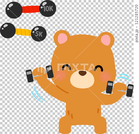 ダンベルを持って筋トレするクマのキャラクター 121285720