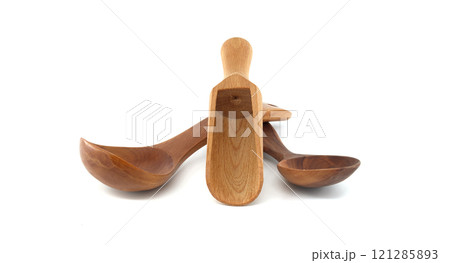 Elegant Wooden Spoons on White Background Highlighting Craftsmanship 121285893