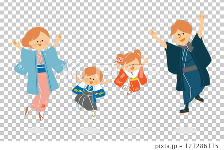 New Year's Day, Shichigosan, illustration of a family jumping in Japanese kimonos 121286115