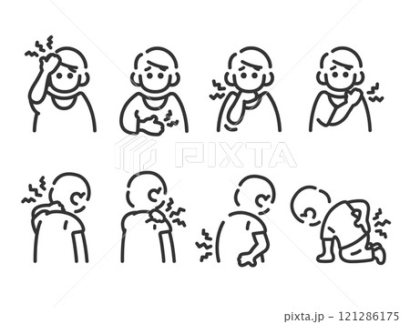 いろいろな身体症状の、男性のアイコン(線画)のイラストセット いろいろな身体症状の、男性のアイコン(線画)のイラストセット 121286175