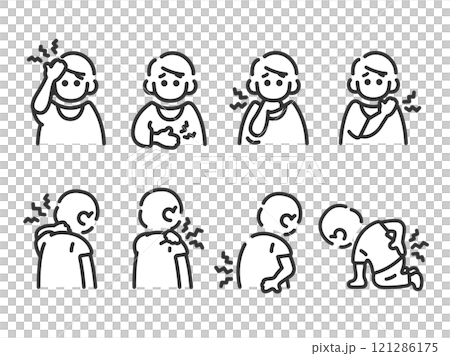 いろいろな身体症状の、男性のアイコン(線画)のイラストセット いろいろな身体症状の、男性のアイコン(線画)のイラストセット 121286175