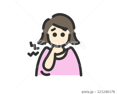 喉を痛めた、女性のアイコン（線画カラー）のイラスト 121286176