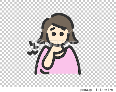 喉を痛めた、女性のアイコン（線画カラー）のイラスト 121286176