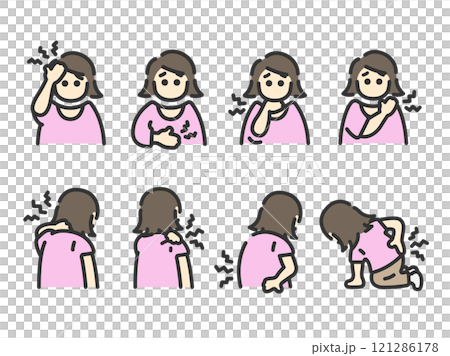 具有各種身體症狀的女性圖示（線條畫顏色）的插圖集 121286178