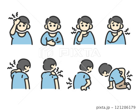 いろいろな身体症状の、男性のアイコン(線画カラー)のイラストセット いろいろな身体症状の、男性のアイコン(線画カラー)のイラストセット 121286179