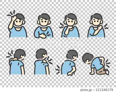 いろいろな身体症状の、男性のアイコン(線画カラー)のイラストセット いろいろな身体症状の、男性のアイコン(線画カラー)のイラストセット 121286179