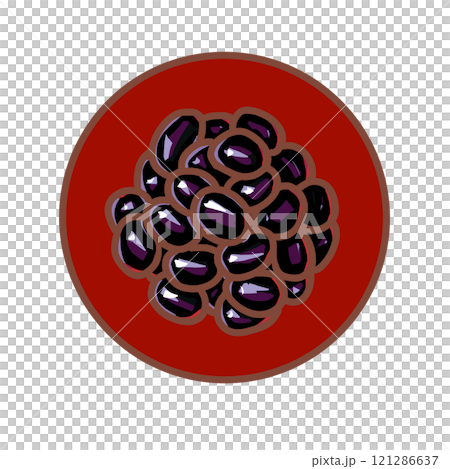 赤い皿に盛りつけた黒豆 121286637