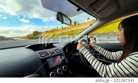 青空のもと車でドライブする若い女性 助手席からの運転シーン 青空のもと車でドライブする若い女性 助手席からの運転シーン 121287141
