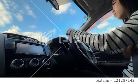 青空のもと車でドライブする若い女性 助手席からの運転シーン 青空のもと車でドライブする若い女性 助手席からの運転シーン 121287142