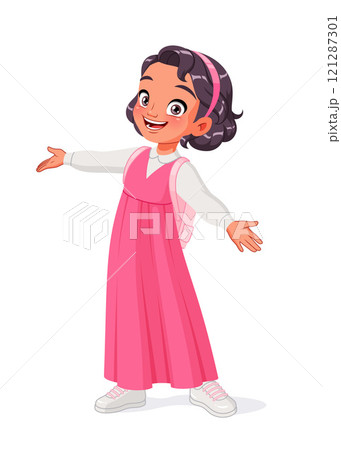 Cute little Arab school girl greeting with open arms. Cartoon vector illustration. Cute little Arab school girl greeting with open arms. Cartoon vector illustration. 121287301