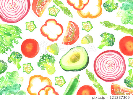 水彩で描いたサラダ野菜の背景イラスト 121287309