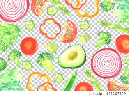 水彩で描いたサラダ野菜の背景イラスト 121287309