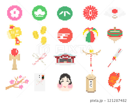 いろいろな正月のドット絵のイラストセット いろいろな正月のドット絵のイラストセット 121287482