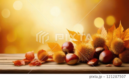 《AI画像》秋の公園で拾った紅葉した落ち葉と栗 121287507