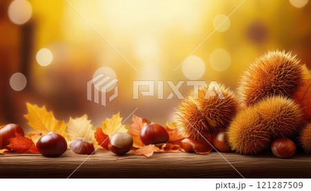 《AI画像》秋の公園で拾った紅葉した落ち葉と栗 121287509