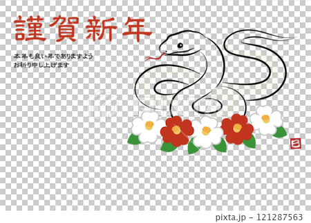 ツバキのお花と八の字にとぐろを巻いている縁起の良い蛇のイラスト 墨絵風でお洒落な巳年の年賀はがき 121287563