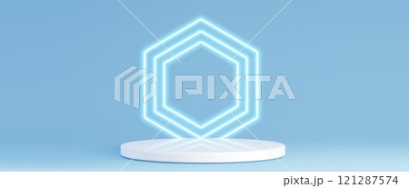 White circular stage with neon blue hexagon 121287574