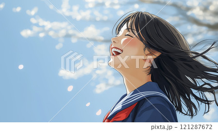 桜咲く春の笑顔の女子高生のイラスト「AI生成画像」 121287672