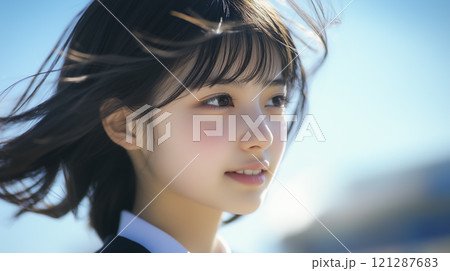 爽やかな風に揺れる女子高生の髪「AI生成画像」 121287683