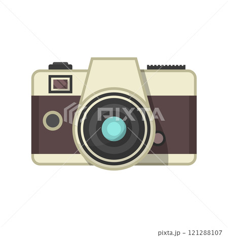 Photo camera icon in flat style. Photography equipment vector illustration on isolated background. Professional photographic sign business concept. 121288107