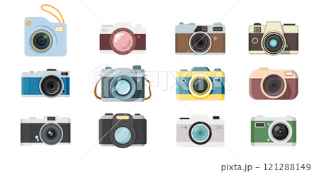 Photo camera icon set in flat style. Photography equipment vector illustration on isolated background. Professional photographic sign business concept. Photo camera icon set in flat style. Photography equipment vector illustration on isolated background. Professional photographic sign business concept. 121288149