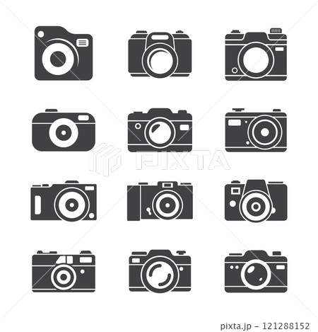 Photo camera icon set in flat style. Photography equipment vector illustration on isolated background. Professional photographic sign business concept. Photo camera icon set in flat style. Photography equipment vector illustration on isolated background. Professional photographic sign business concept. 121288152