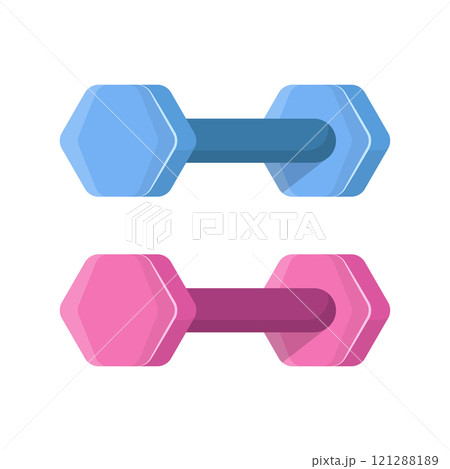 Dumbbell icon in flat style. Workout gym tool vector illustration on isolated background. Barbell fitness equipment sign business concept. Dumbbell icon in flat style. Workout gym tool vector illustration on isolated background. Barbell fitness equipment sign business concept. 121288189