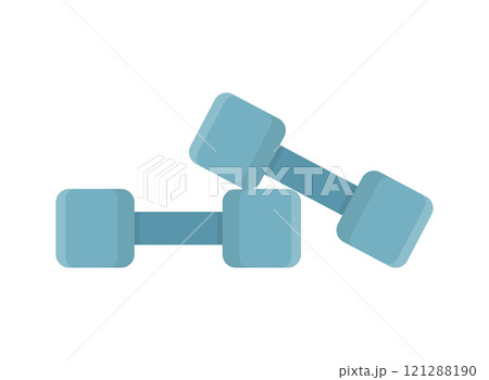 Dumbbell icon in flat style. Workout gym tool vector illustration on isolated background. Barbell fitness equipment sign business concept. Dumbbell icon in flat style. Workout gym tool vector illustration on isolated background. Barbell fitness equipment sign business concept. 121288190