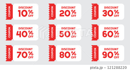 Gift voucher icon set in flat style. Discount vector illustration on isolated background. Promotion coupon sign business concept. 121288220