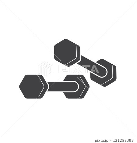 Dumbbell icon in flat style. Workout gym tool vector illustration on isolated background. Barbell fitness equipment sign business concept. Dumbbell icon in flat style. Workout gym tool vector illustration on isolated background. Barbell fitness equipment sign business concept. 121288395