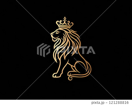 Golden Lion with Crown Sitting Proudly. Elegant and Majestic Design with Flowing Mane on Black Background. Symbol of Royalty and Power. AI generated Golden Lion with Crown Sitting Proudly. Elegant and Majestic Design with Flowing Mane on Black Background. Symbol of Royalty and Power. AI generated 121288816