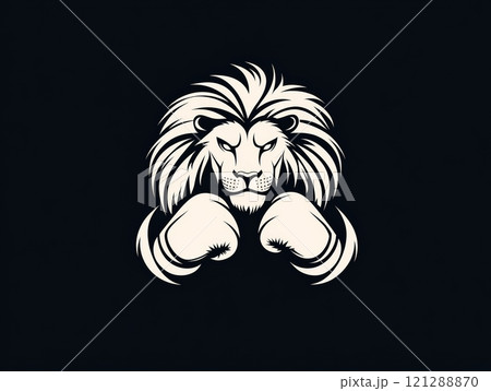 Lion with Boxing Gloves on Dark Background. Fierce Expression and Majestic Mane. Symbol of Strength and Determination. AI generated 121288870